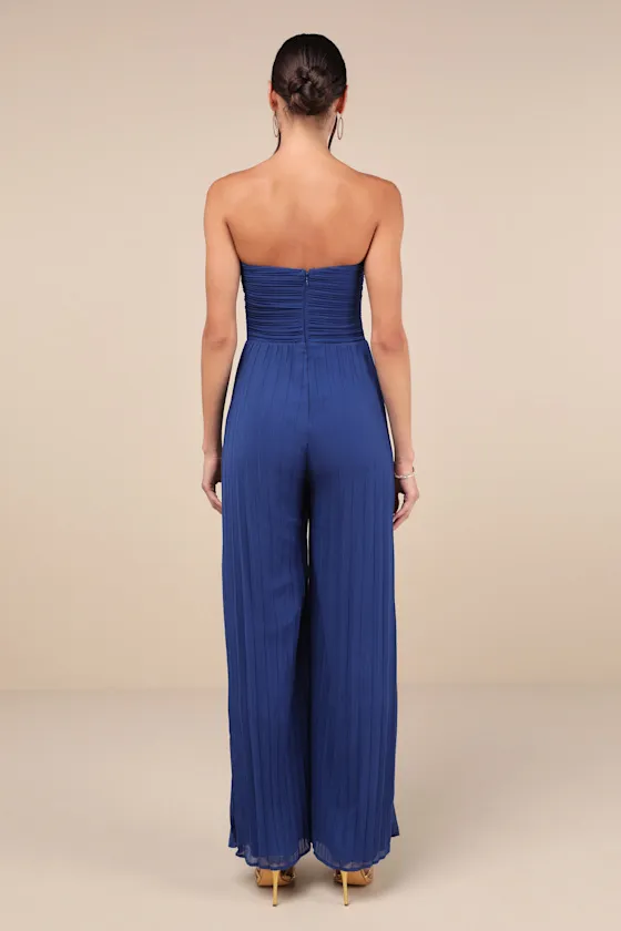 Certainly Charming Blue Pleated Strapless Wide-Leg Jumpsuit sold by Lulus product image thumbnail 4