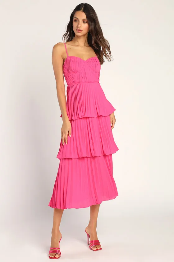 Cascading Crush Hot Pink Tiered Midi Dress sold by Lulus