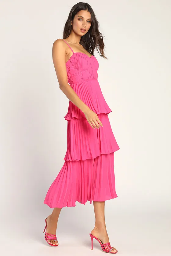 Cascading Crush Hot Pink Tiered Midi Dress sold by Lulus product image thumbnail 3