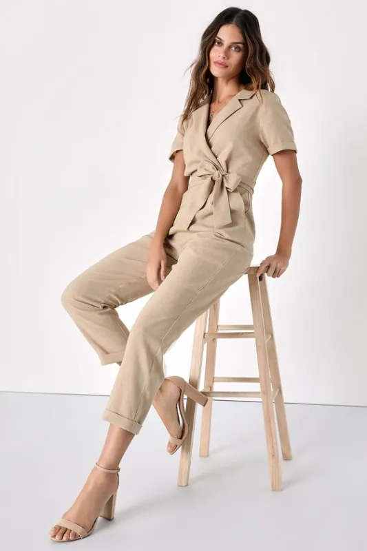 Sensible Sensation Beige Tie-Front Short Sleeve Jumpsuit sold by Lulus