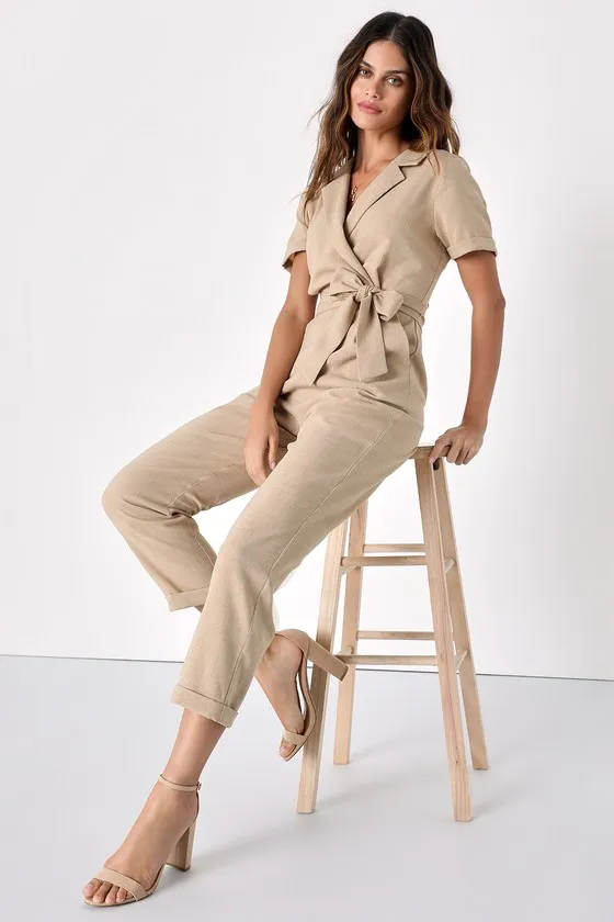Sensible Sensation Beige Tie-Front Short Sleeve Jumpsuit sold by Lulus