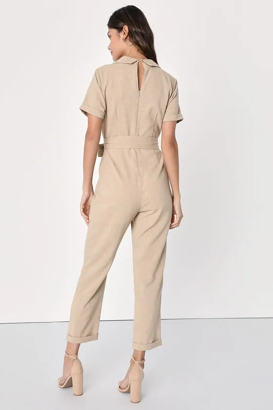 Sensible Sensation Beige Tie-Front Short Sleeve Jumpsuit sold by Lulus product image thumbnail 4
