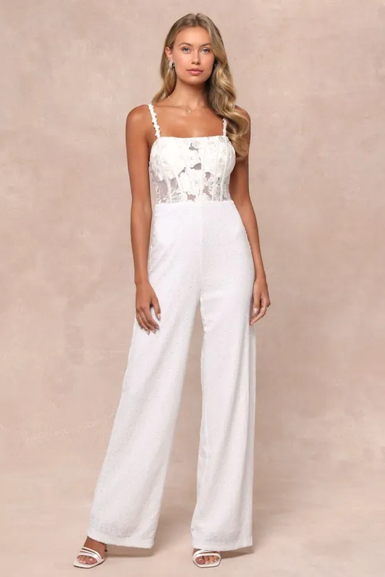 Everlasting Sparkle White Embroidered Sequin Bustier Jumpsuit sold by Lulus