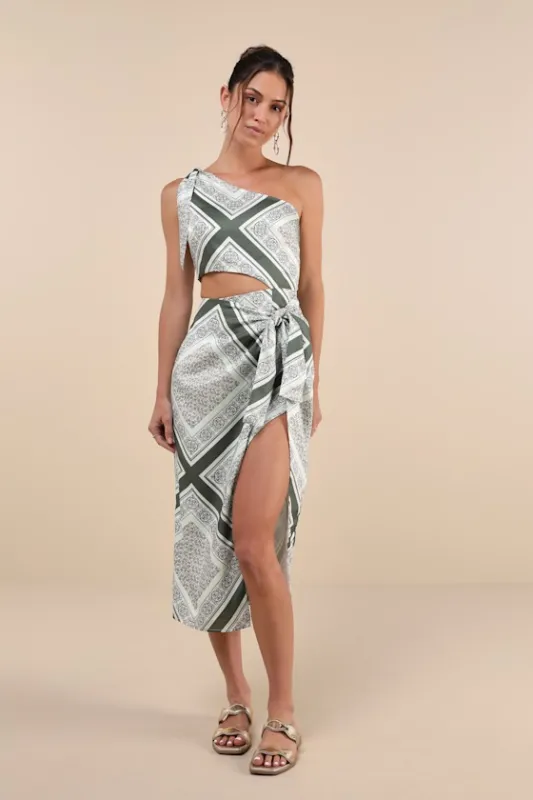 Vacay Beauty Olive Scarf Print One-Shoulder Tie-Strap Midi Dress sold by Lulus