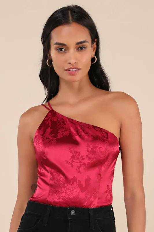 Desirable Dream Wine Red Satin Jacquard One-Shoulder Bodysuit sold by Lulus
