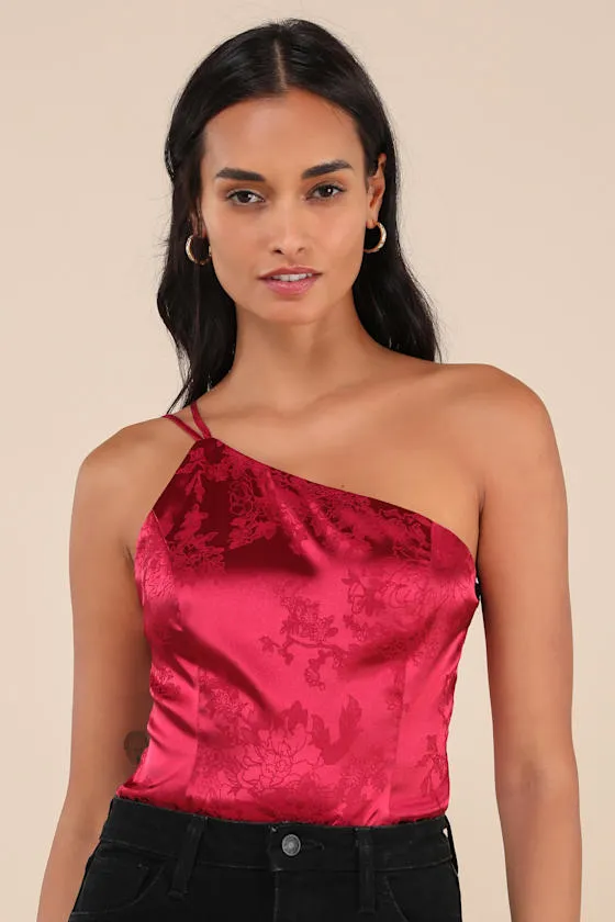 Desirable Dream Wine Red Satin Jacquard One-Shoulder Bodysuit sold by Lulus