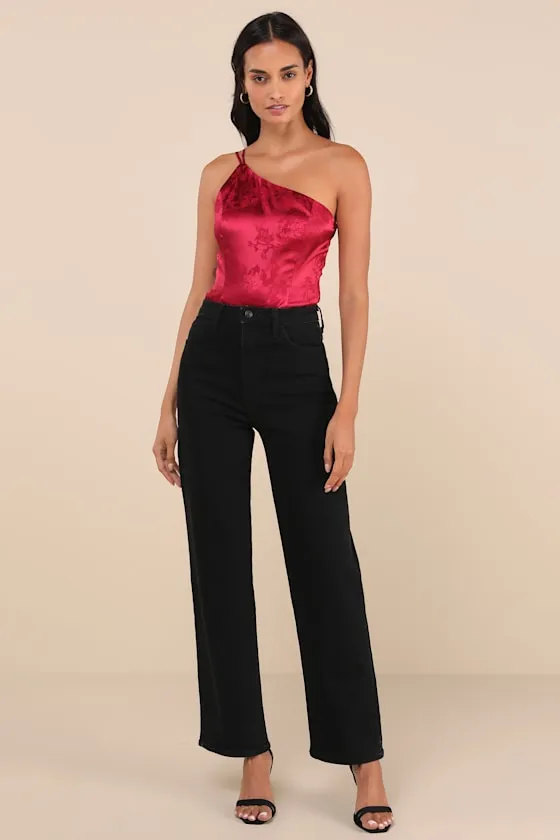 Desirable Dream Wine Red Satin Jacquard One-Shoulder Bodysuit sold by Lulus product image thumbnail 2