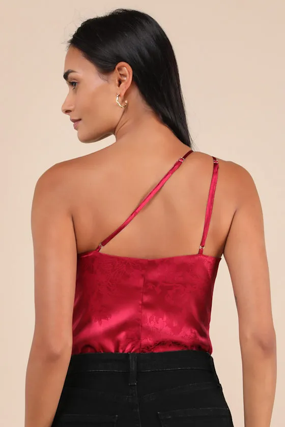 Desirable Dream Wine Red Satin Jacquard One-Shoulder Bodysuit sold by Lulus product image thumbnail 3