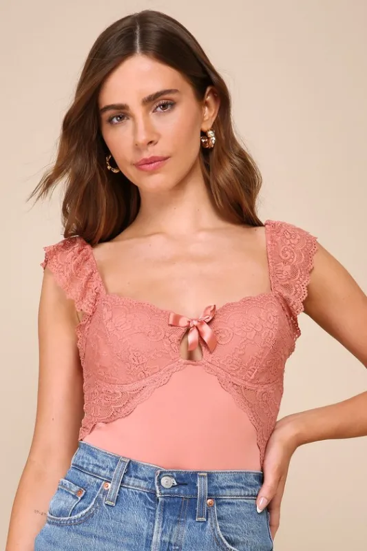 Sultry Example Rusty Rose Lace Bustier Bodysuit sold by Lulus