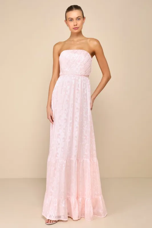 Adorably Elegant Blush Pink Jacquard Floral Strapless Maxi Dress sold by Lulus