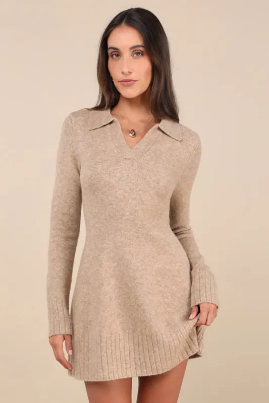 Soft Serenity Heather Taupe Collared Sweater Mini Dress sold by Lulus