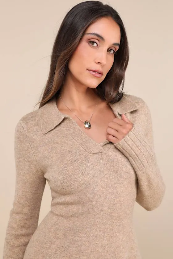Soft Serenity Heather Taupe Collared Sweater Mini Dress sold by Lulus product image thumbnail 4