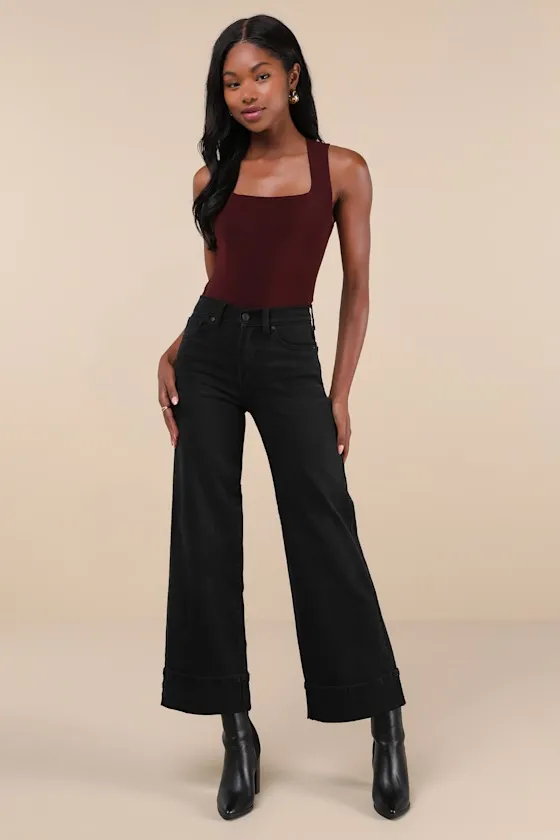 Palazzo Washed Black Denim Cuffed High-Rise Wide-Leg Jeans sold by Lulus