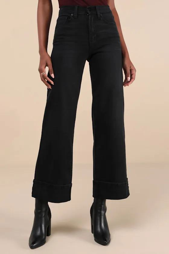 Palazzo Washed Black Denim Cuffed High-Rise Wide-Leg Jeans sold by Lulus product image thumbnail 2