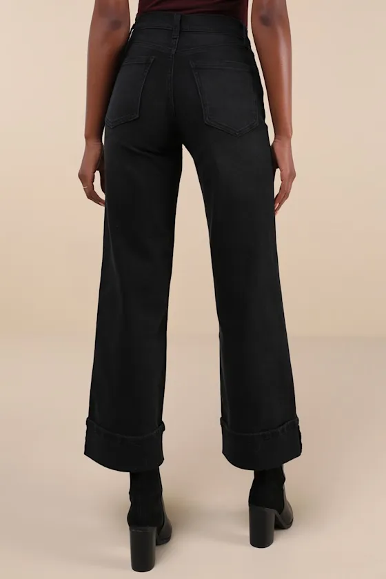 Palazzo Washed Black Denim Cuffed High-Rise Wide-Leg Jeans sold by Lulus product image thumbnail 3