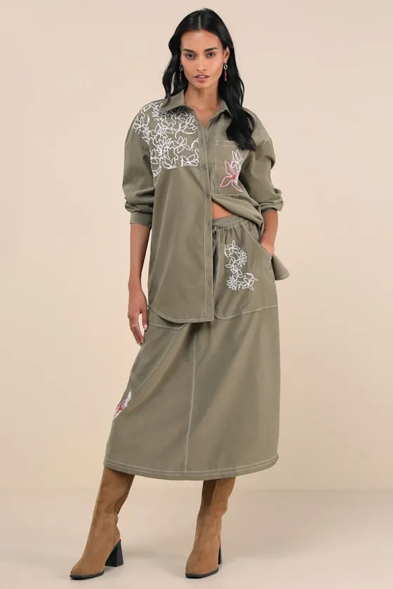 Evelyn Olive Green Embroidered Floral Button-Up Top sold by Lulus