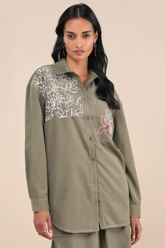 Evelyn Olive Green Embroidered Floral Button-Up Top sold by Lulus product image thumbnail 2