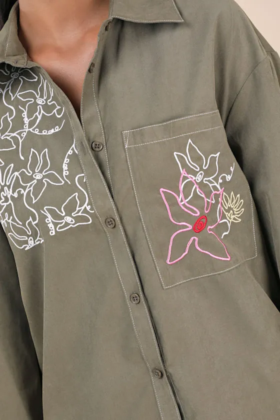 Evelyn Olive Green Embroidered Floral Button-Up Top sold by Lulus product image thumbnail 4