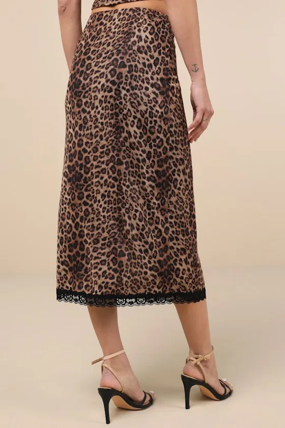 Fierce Attitude Tan Leopard Print Mesh Lace High-Rise Midi Skirt sold by Lulus product image thumbnail 3