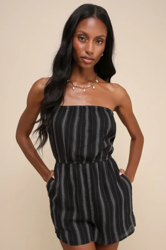Lovely Comfort Black Striped Strapless Romper sold by Lulus