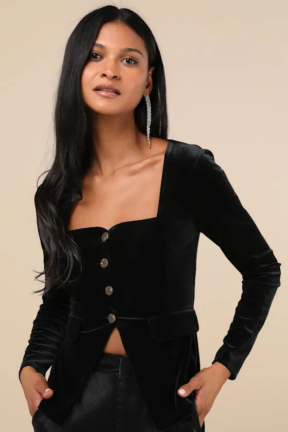 Ideal Sophisticate Black Velvet Long Sleeve Top sold by Lulus