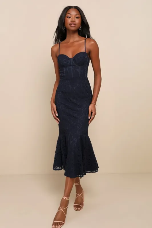 Found Your Love Navy Blue Lace Sleeveless Trumpet Midi Dress sold by Lulus