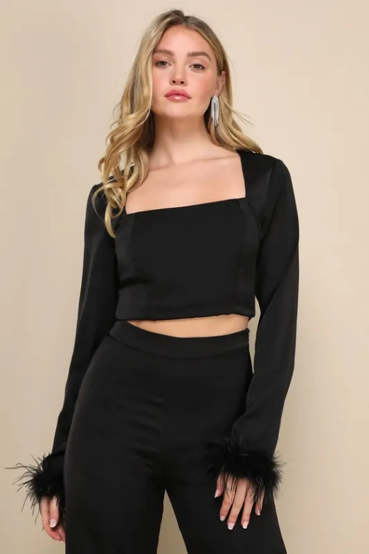Premium Aura Black Satin Feather Long Sleeve Crop Top sold by Lulus