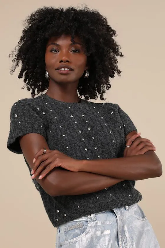 Glittering Warmth Charcoal Grey Rhinestone Short Sleeve Sweater sold by Lulus