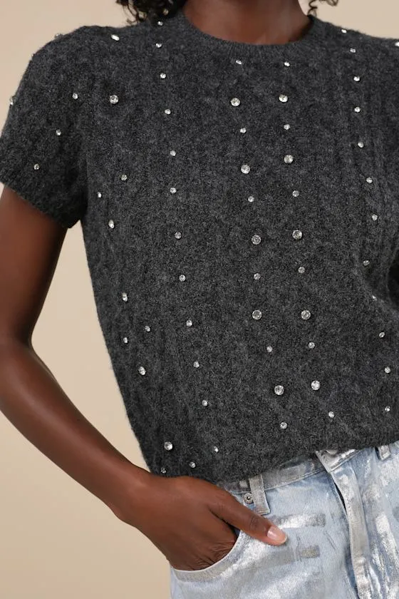 Glittering Warmth Charcoal Grey Rhinestone Short Sleeve Sweater sold by Lulus product image thumbnail 4