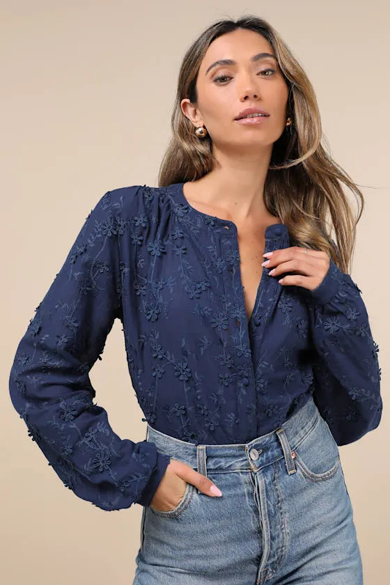 Contemporary Flirt Navy Blue Embroidered Balloon Sleeve Top sold by Lulus