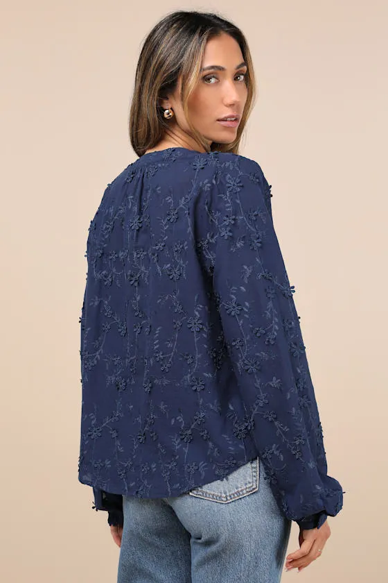 Contemporary Flirt Navy Blue Embroidered Balloon Sleeve Top sold by Lulus product image thumbnail 2
