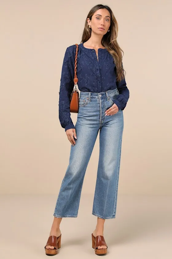 Contemporary Flirt Navy Blue Embroidered Balloon Sleeve Top sold by Lulus product image thumbnail 3