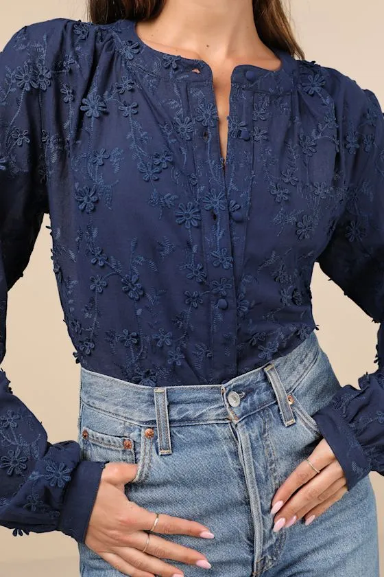 Contemporary Flirt Navy Blue Embroidered Balloon Sleeve Top sold by Lulus product image thumbnail 4