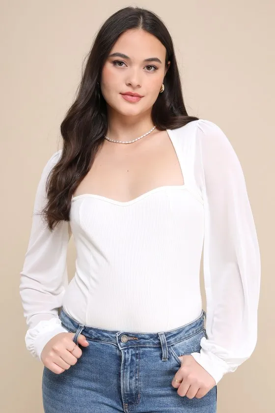 Sensational Sweetheart White Ribbed Balloon Sleeve Bodysuit sold by Lulus product image thumbnail 2