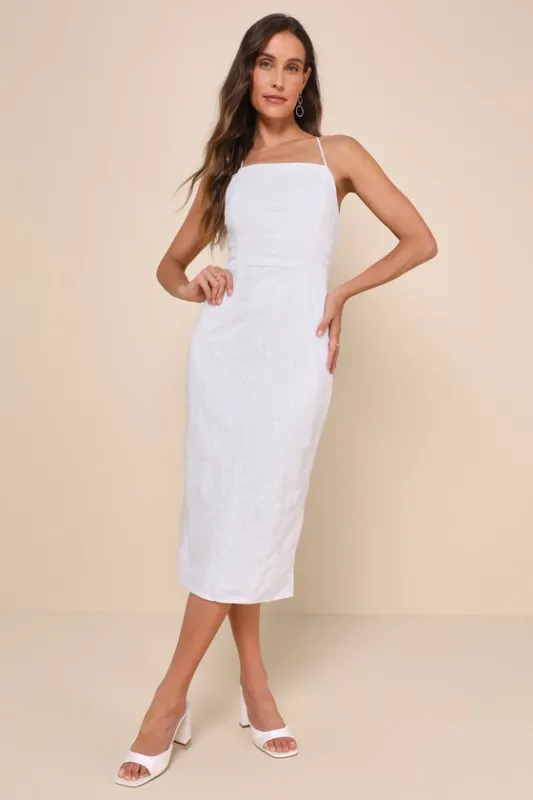 Celebratory Beauty White Mesh Embroidered Lace-Up Midi Dress sold by Lulus