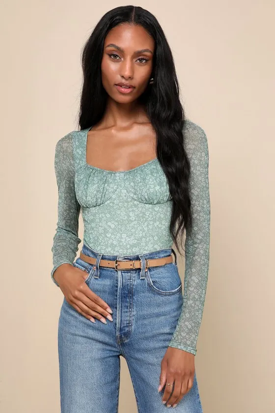 Major Aesthetic Sage Green Floral Mesh Bodysuit sold by Lulus