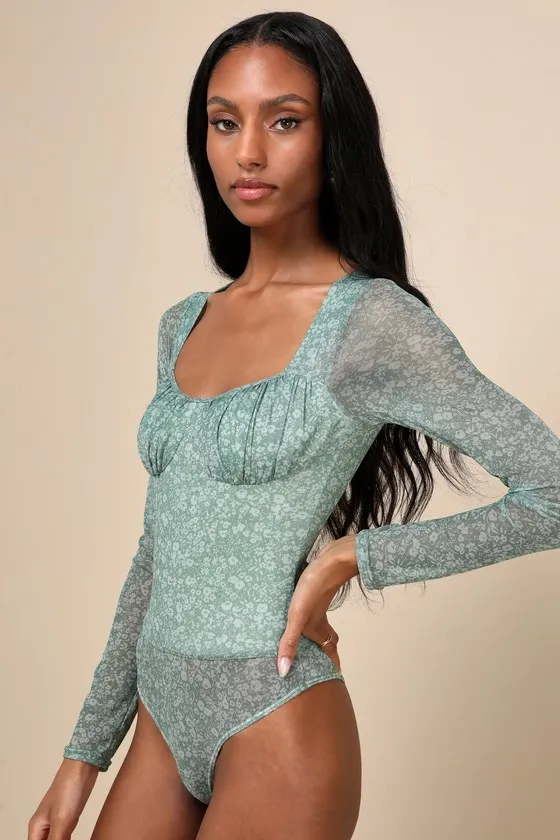 Major Aesthetic Sage Green Floral Mesh Bodysuit sold by Lulus product image thumbnail 4