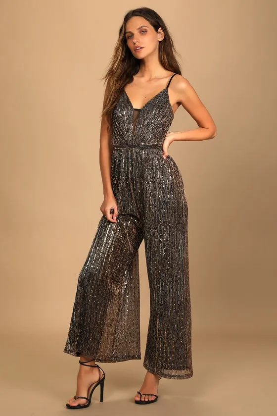 Disco Party Black Multi Metallic Wide-Leg Jumpsuit sold by Lulus