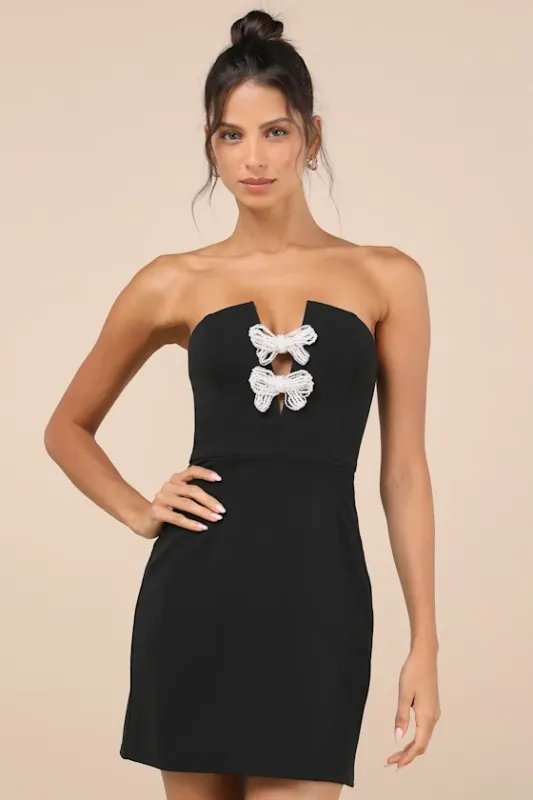 Captivating Figure Black Pearl Beaded Bow Strapless Mini Dress sold by Lulus