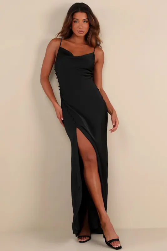 Truly a Beauty Black Satin Cowl Neck Side Button Maxi Dress sold by Lulus