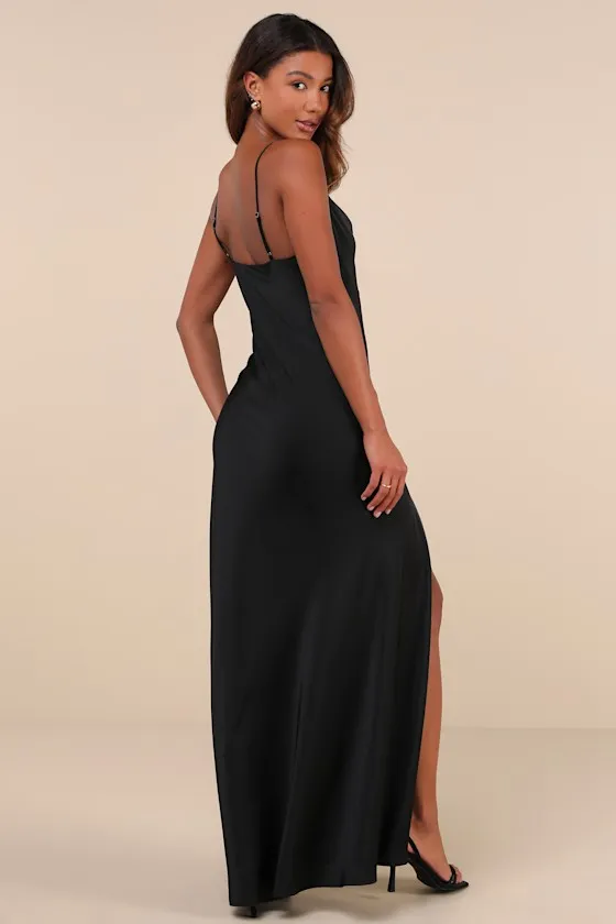 Truly a Beauty Black Satin Cowl Neck Side Button Maxi Dress sold by Lulus product image thumbnail 3