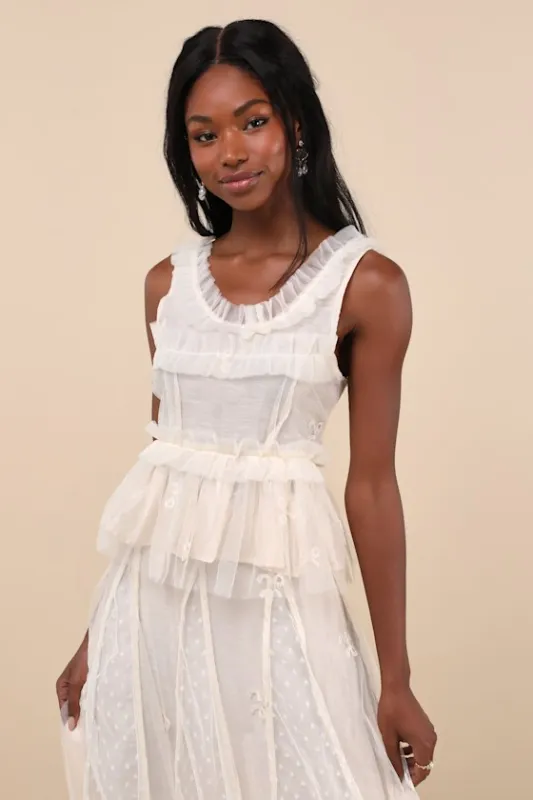 Jolene Ivory Tulle Ruffled Embroidered Bow Peplum Tank Top sold by Lulus