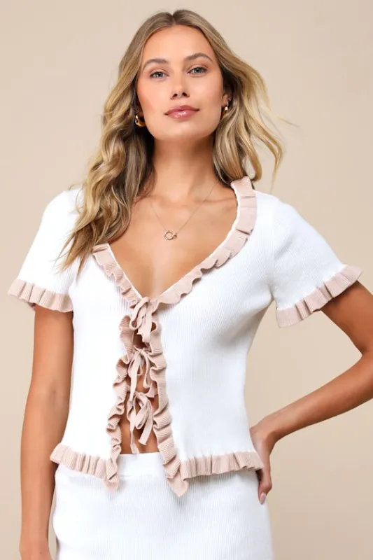 Preppy Tendencies Ivory Ribbed Knit Tie-Front Sweater Top sold by Lulus