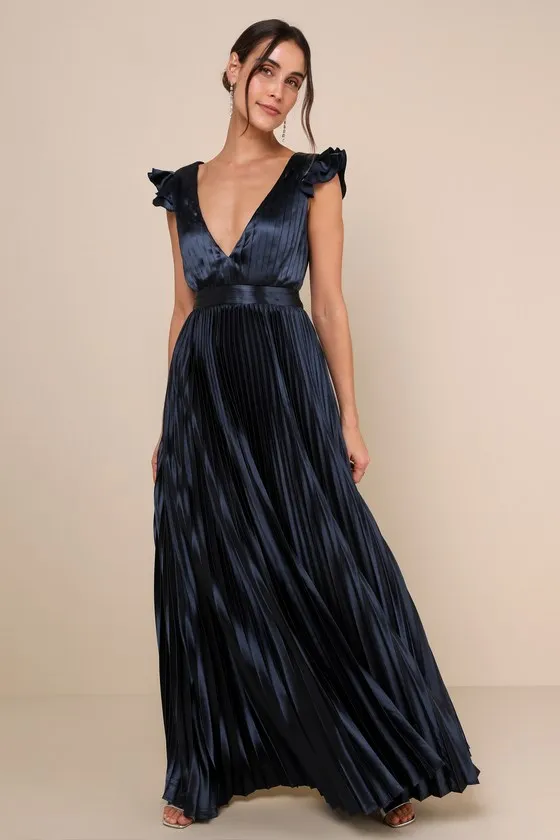 Exceptional Drama Navy Blue Satin Lace-Up Pleated Maxi Dress sold by Lulus