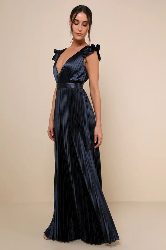 Exceptional Drama Navy Blue Satin Lace-Up Pleated Maxi Dress sold by Lulus product image thumbnail 3