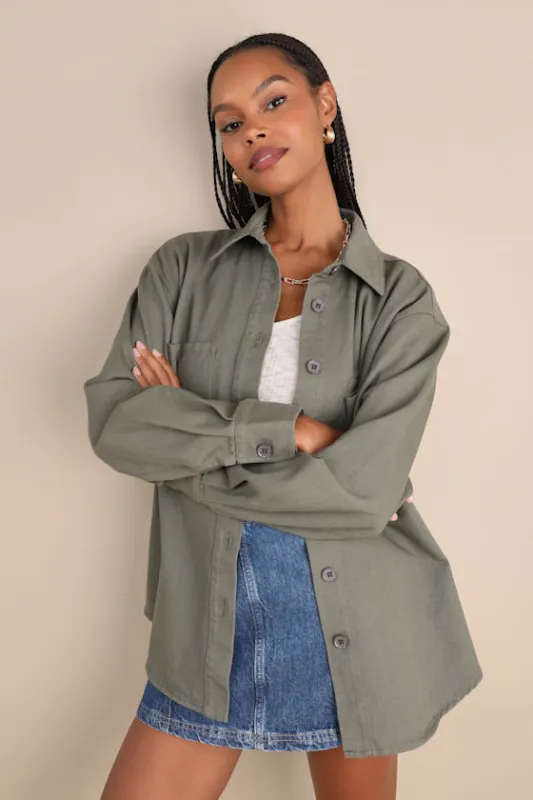 Cute Utility Olive Green Twill Shacket sold by Lulus