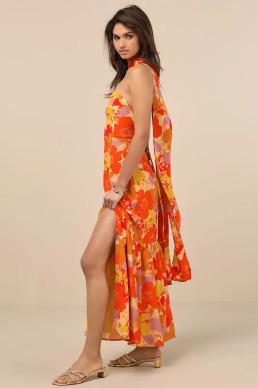 Captivating Spirit Orange Floral Strapless Dress and Scarf Set sold by Lulus