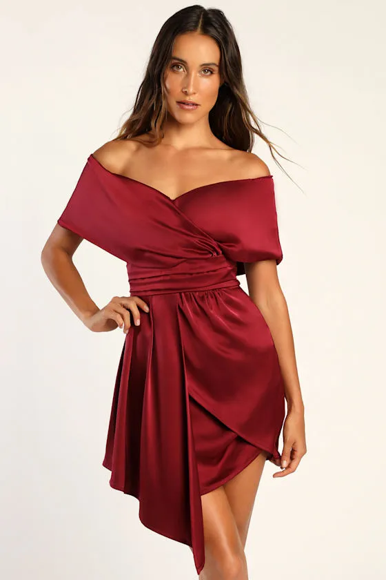 Always Celebrating Burgundy Satin Off-the-Shoulder Mini Dress sold by Lulus