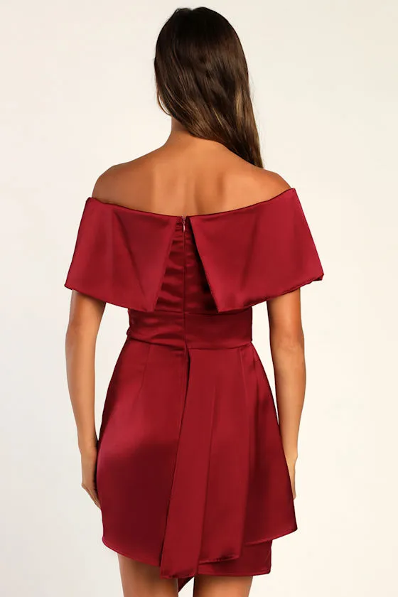 Always Celebrating Burgundy Satin Off-the-Shoulder Mini Dress sold by Lulus product image thumbnail 2