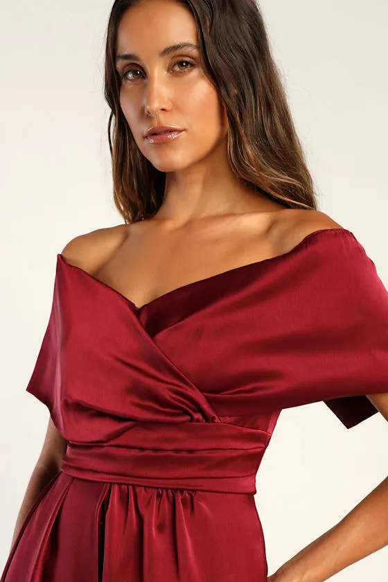 Always Celebrating Burgundy Satin Off-the-Shoulder Mini Dress sold by Lulus product image thumbnail 4